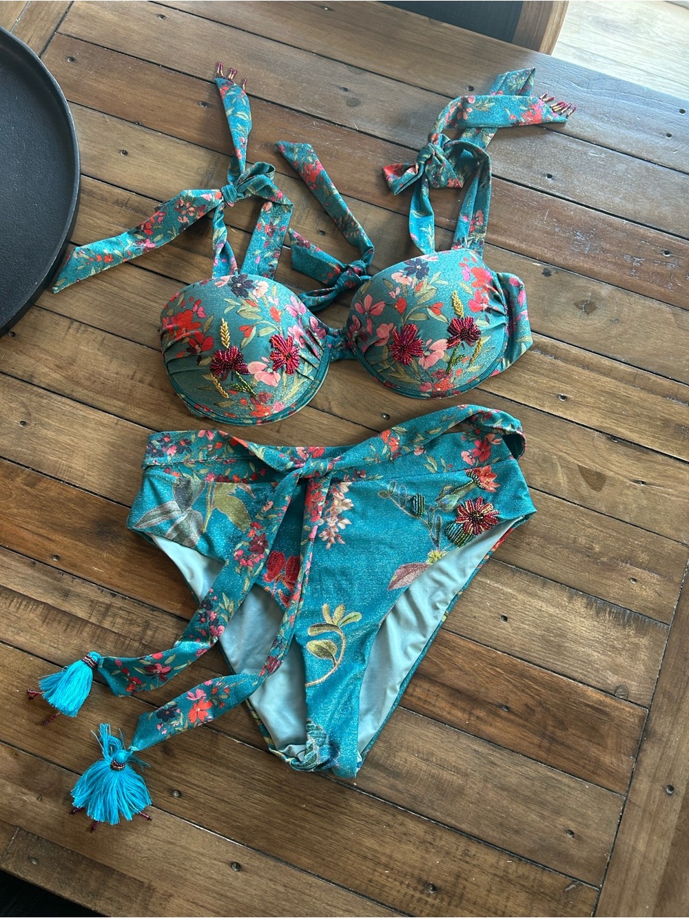 Cosita Linda Beaded Floral Teal Bikini Set M/L